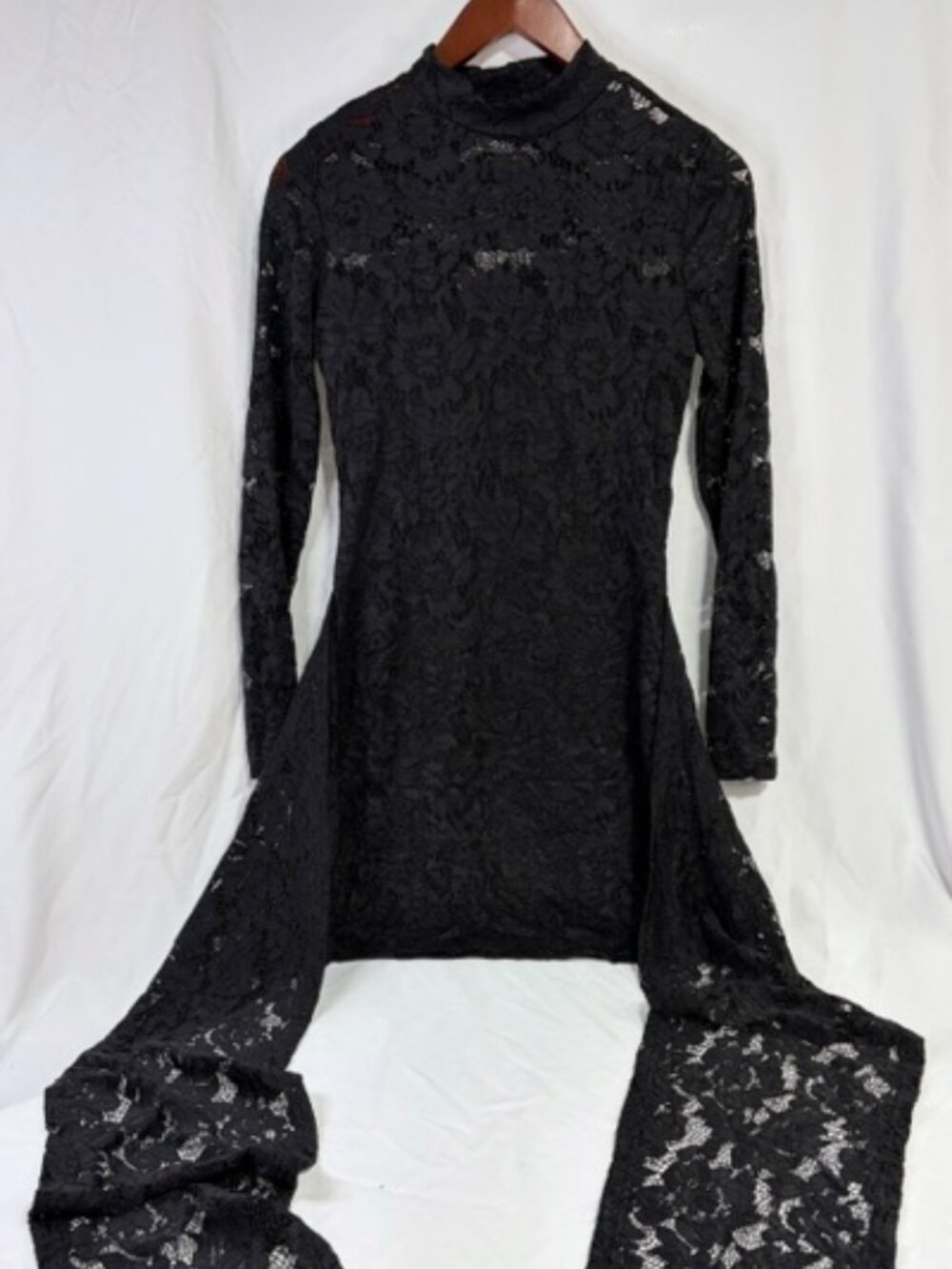 Black Sheer Floral Lace Mock Neck Dress Dramatic Side Panels S